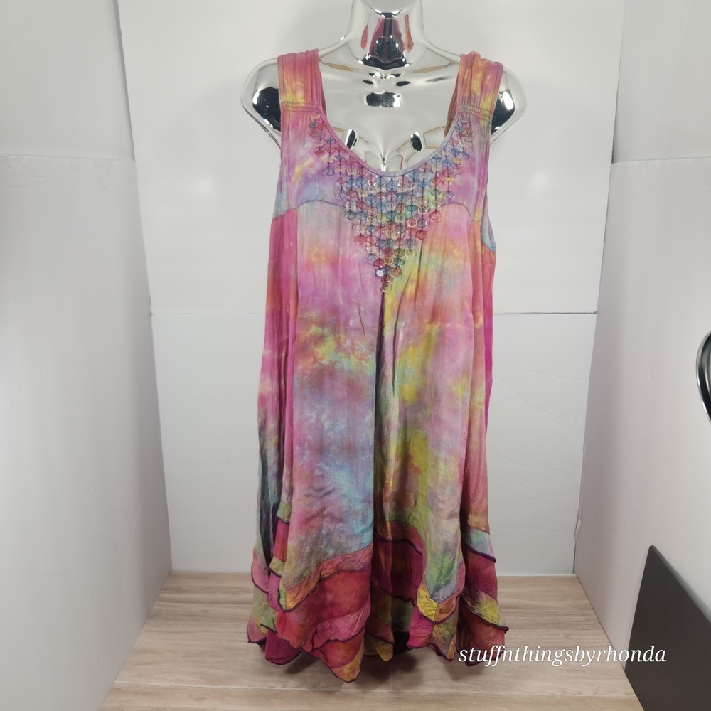 Denim 24/7 Women's Tie Dye Beaded Tunic Handkerchief Hem Size 16W Boho‎